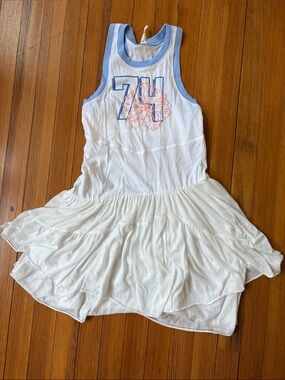 Daily Practice White & Light Blue Tiered Tank Dress with Floral Graphic ‘74’